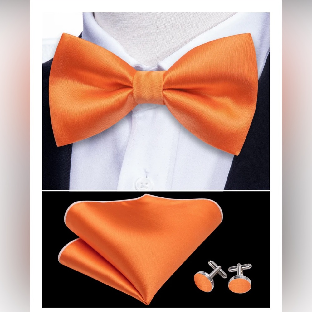 Gusleson fashion Orange Solid Silk Pre Tied Bow Tie Hanky Cufflinks Set - Picture 3 of 9